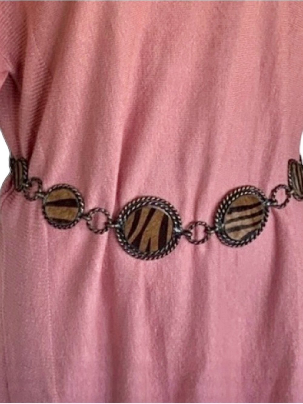 VINTAGE CONCHO BELT 8 tiger print calf hair brass medallions, chain. OSFM EUC